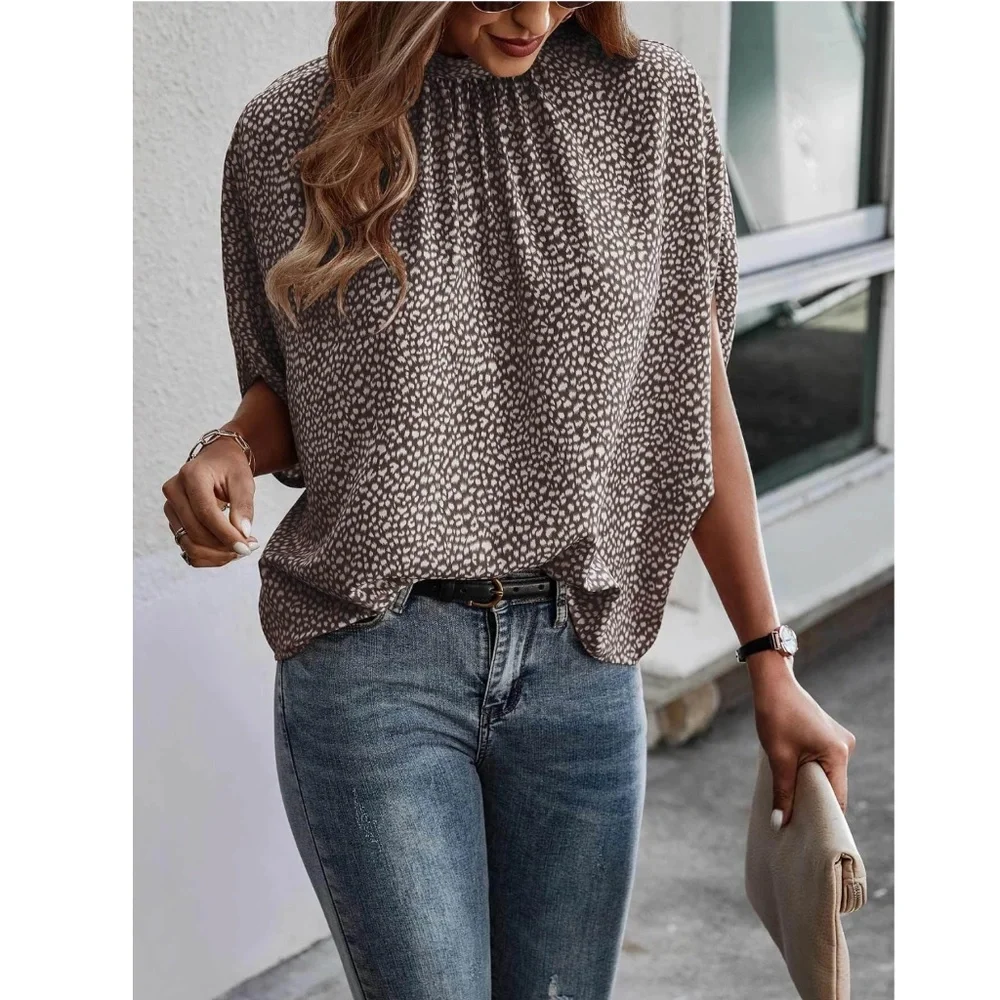 Spotted Print Brown Beige Blouse Top Flowy, High Neck - Picture 3 of 7